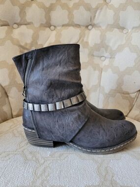 RIEKER MID BOOTIES MOTO BIKER BOOTS HEELED LINED ZIPPER BLACK SILVER EU 39 US 8